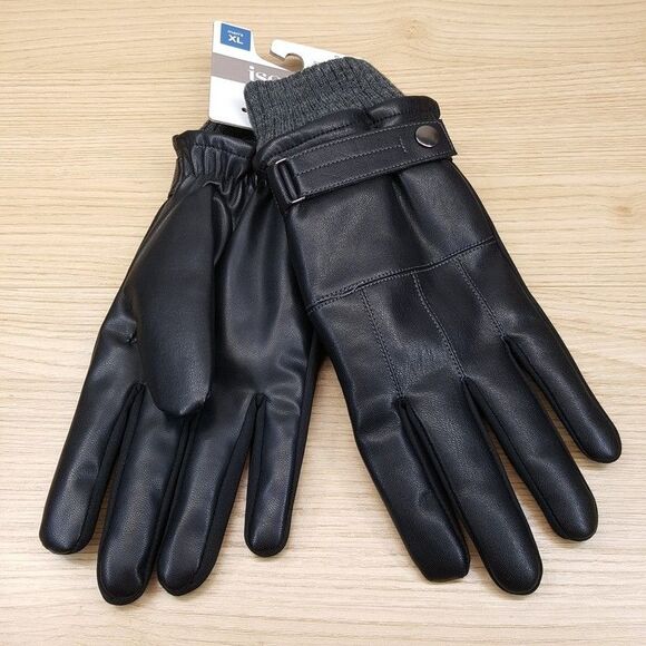 ISOTONER Gloves Mens XL Black Faux Leather Touchscreen Over the Wrist Cozy Lined - Picture 1 of 6